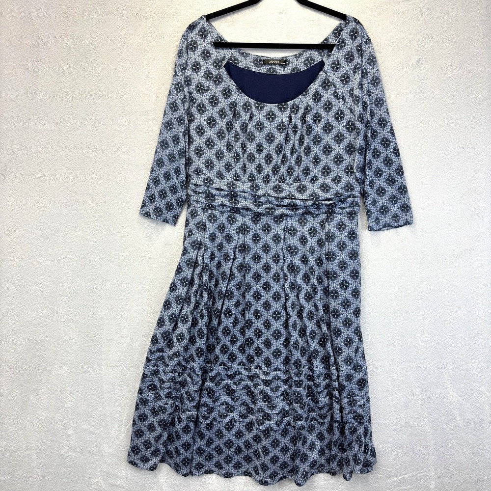 EShakti Fit & Flare Midi Dress Womens 1X 18W Blue Geometric Lined Pleated Casual